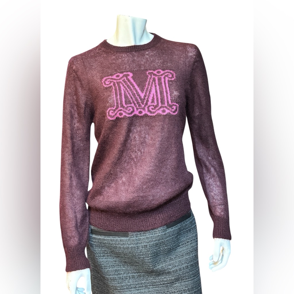 Max Mara Chantal Mohair Wool Blend Monogram Logo Knit Sweater Burgundy Purple